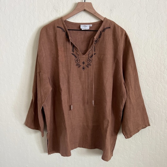 Hot Cotton Marc Ware 100% Linen Floral Embroidered Tunic Blouse Top XL Boho - Picture 1 of 5